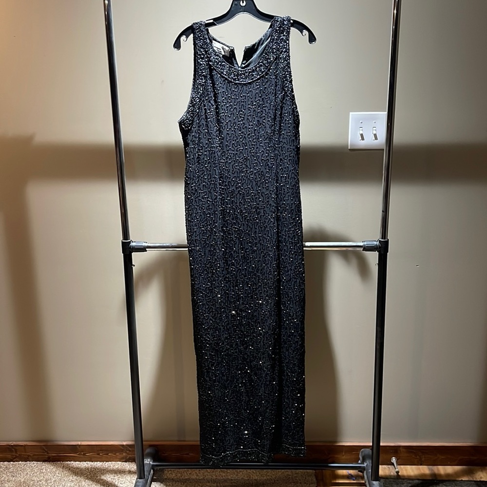 Black beaded full length evening dress